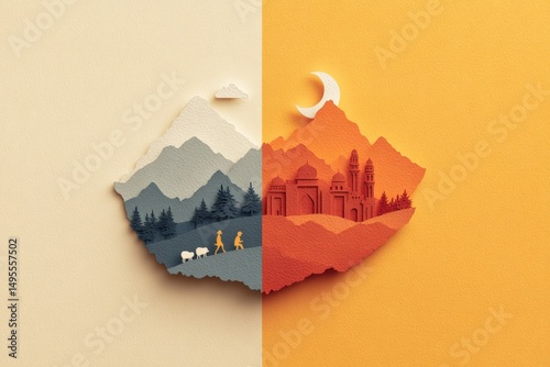Paper Art: Day and Night Mountain Scenes with Religious Symbolism