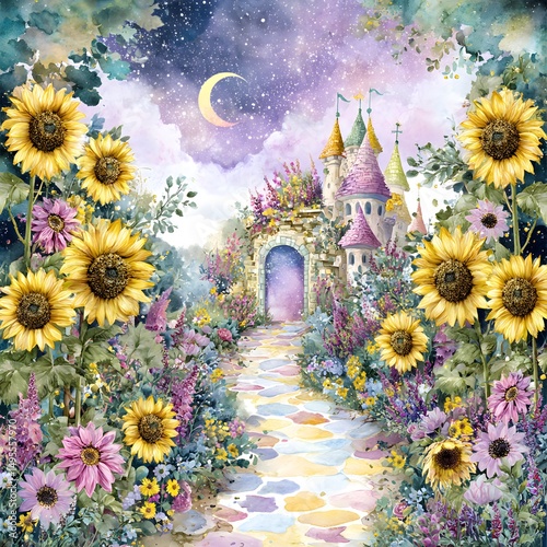 Watercolor Fantasy Castle with Sunflowers and Flowers
