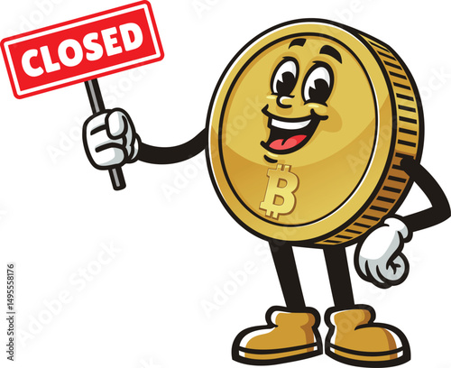 Bitcoin character cartoon holding a closed sign