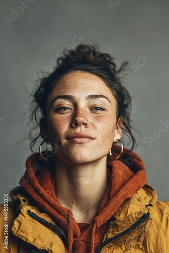Portrait of a Freckled Young Woman with Piercings