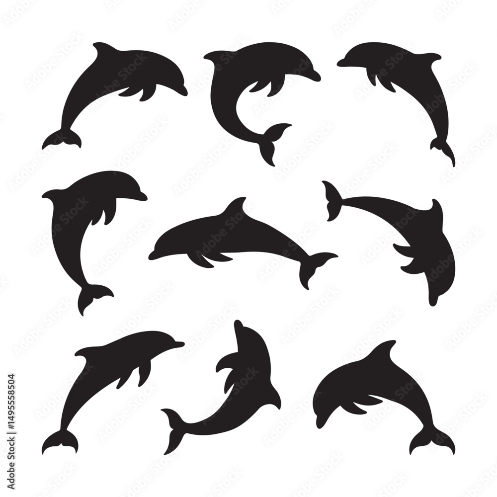 Fototapeta premium Jumping Dolphin Silhouette Vector Set on White Background