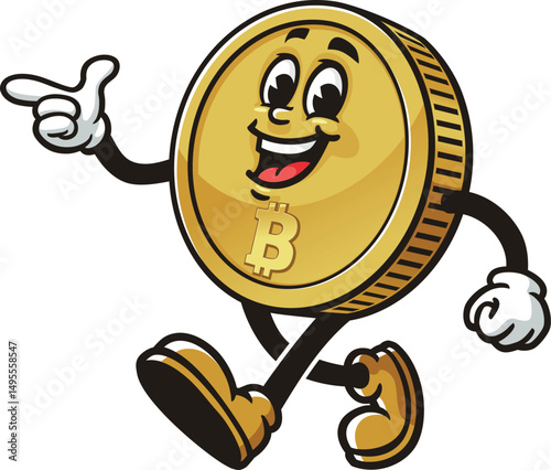 Bitcoin character cartoon is walking and finds an idea