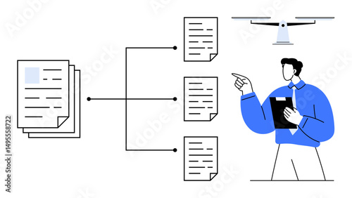 Businessperson with clipboard pointing at document flowchart showing structured file separation. Drone overhead implies advanced technology. Ideal for project management, teamwork, automation