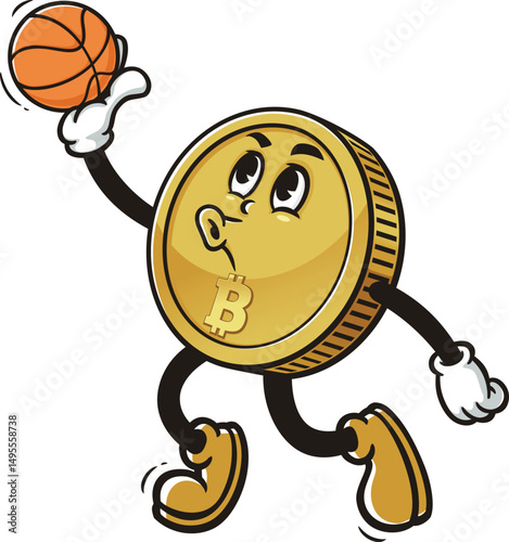 Bitcoin character cartoon playing slam dunk basketball
