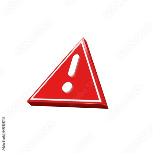 3D Render of Red Warning Triangle Icon with Exclamation Mark Isolated on White Background