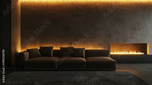 Velour sofa in a dimly lit space with artificial fireplace, concrete wall loft