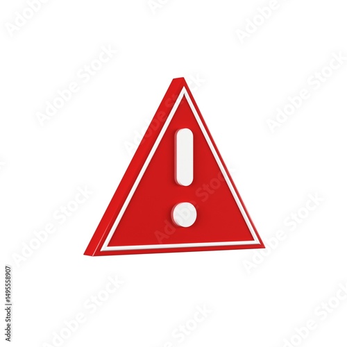 3D Render of Red Warning Triangle Icon with Exclamation Mark Isolated on White Background