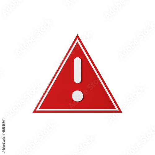 3D Render of Red Warning Triangle Icon with Exclamation Mark Isolated on White Background