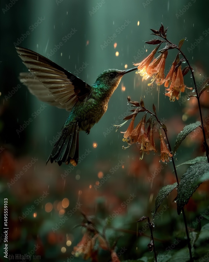 Fototapeta premium Hummingbird glowing in a dark forest, light particles illuminating soft green fog, fantasy forest