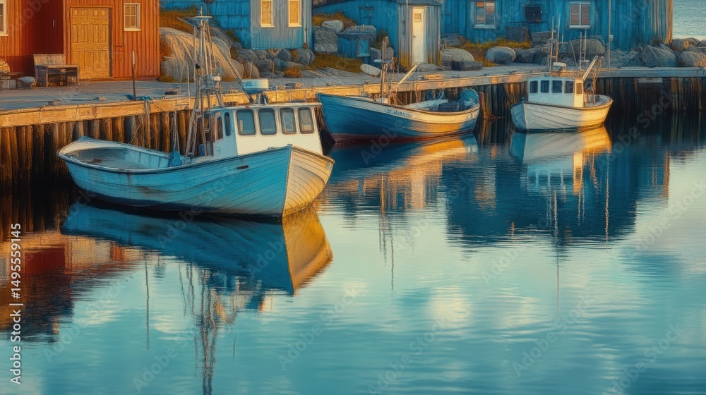 Fototapeta premium Peaceful fishing boats docked at a tranquil harbor