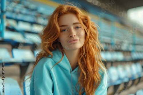 Joyful red-haired woman in colorful sportswear warming up at the stadium, embracing an energetic fitness routine - capturing motivation, strength, and the spirit of a healthy, active lifestyle.