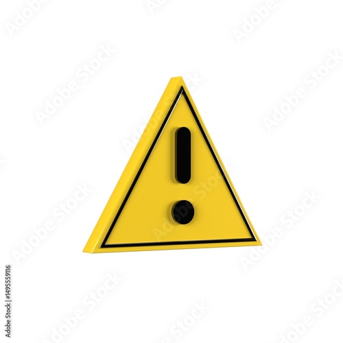 3D Render of Yellow Warning Triangle Icon with Exclamation Mark Isolated on White Background