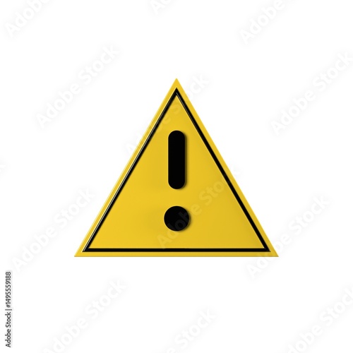 3D Render of Yellow Warning Triangle Icon with Exclamation Mark Isolated on White Background