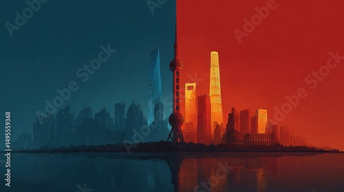 Shanghai Skyline: Modern Cityscape at Night with Colorful Reflection