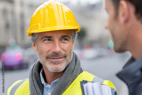 Smart civil engineer wearing yellow helmet and jacket discusses road plans with colleague outdoors showing confidence and focus