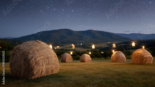 Peaceful hilltop farm at night with hay bales on grass under starry sky and glowing lanterns creating warm atmosphere