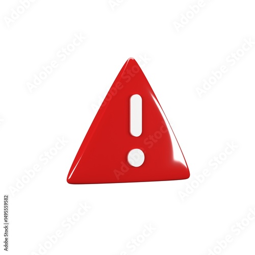 3D Render of Red Warning Triangle Icon with Exclamation Mark Isolated on White Background