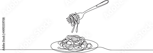 Single Line Drawing of Spaghetti on a Fork and Plate