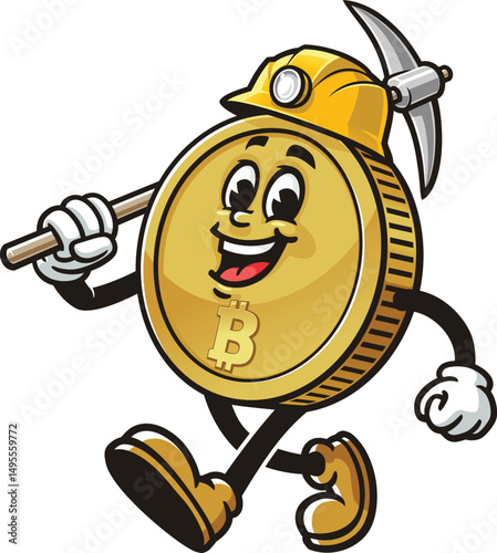 Bitcoin character cartoon is being a miner and wearing a miner's helmet
