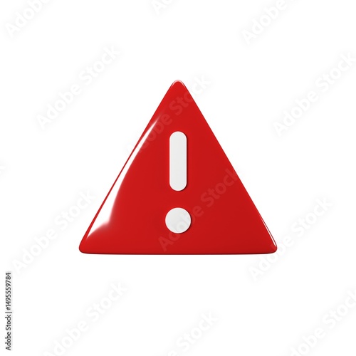 3D Render of Red Warning Triangle Icon with Exclamation Mark Isolated on White Background