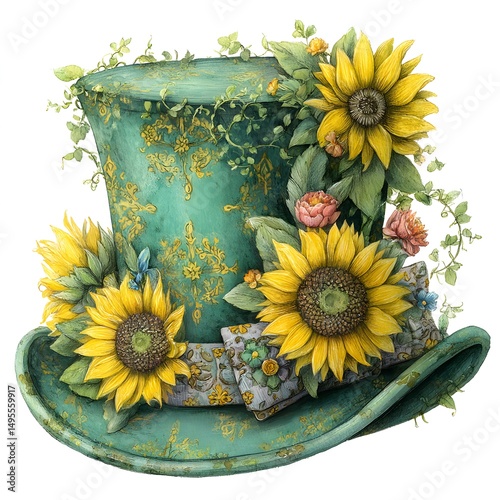 Vintage Top Hat Adorned with Sunflowers and Greenery