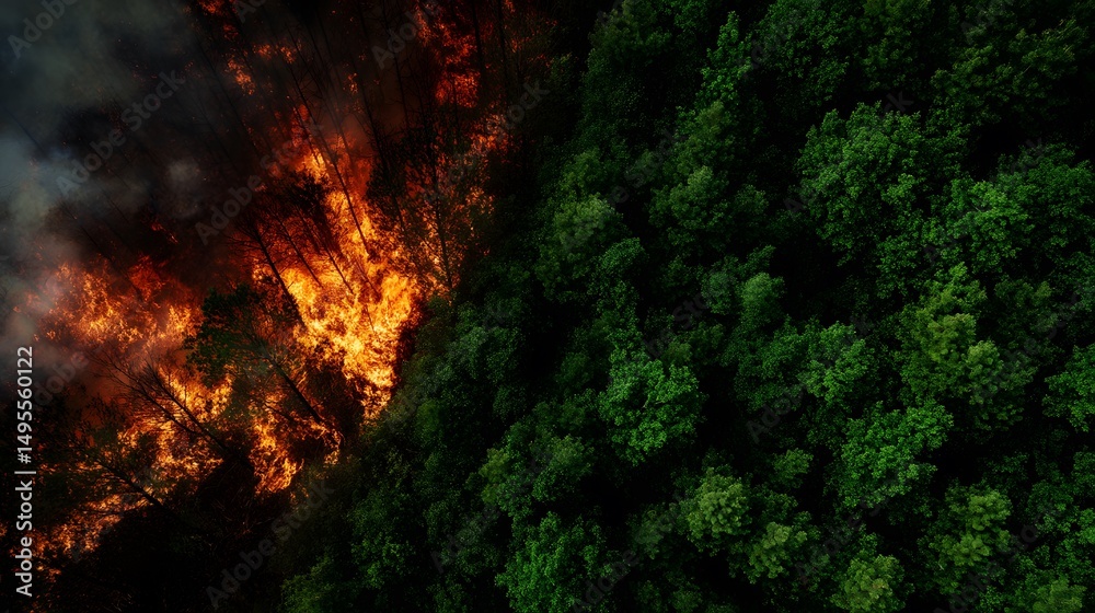 Fototapeta premium Wildfire burning forest aerial view showing destruction and healthy trees side by side contrast image