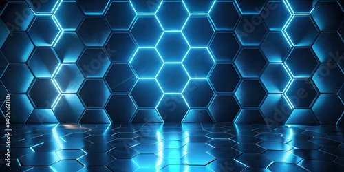 Abstract Hexagonal Pattern with Glowing Blue Neon Lights on a Reflective Surface