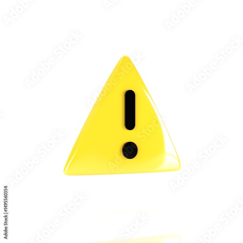 3D Render of Yellow Warning Triangle Icon with Exclamation Mark Isolated on White Background