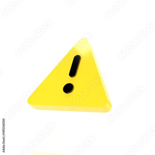 3D Render of Yellow Warning Triangle Icon with Exclamation Mark Isolated on White Background