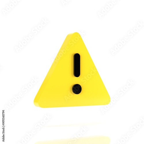 3D Render of Yellow Warning Triangle Icon with Exclamation Mark Isolated on White Background