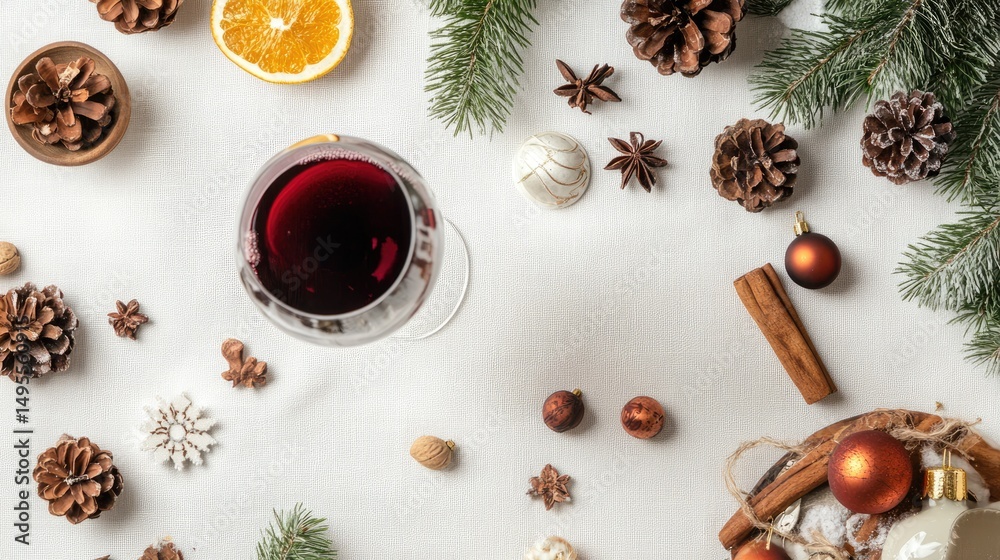 Obraz premium Winter-themed flat lay with red wine and ingredients on white tablecloth, Christmas drink scene.