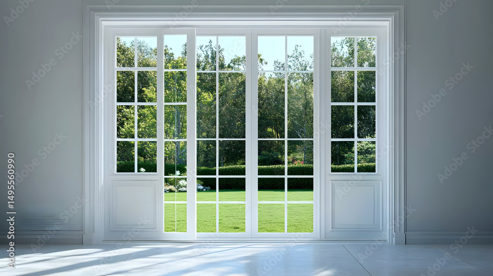 Fototapeta premium Open wooden window frame reveals a vibrant green view from inside the home