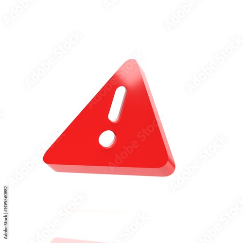 3D Render of Red Warning Triangle Icon with Exclamation Mark Isolated on White Background