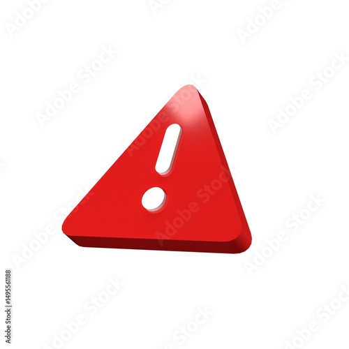 3D Render of Red Warning Triangle Icon with Exclamation Mark Isolated on White Background