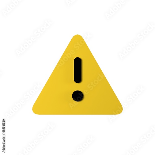 3D Render of Yellow Warning Triangle Icon with Exclamation Mark Isolated on White Background