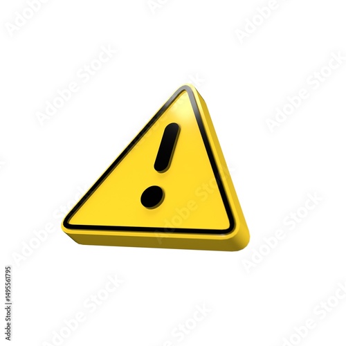 3D Render of Yellow Warning Triangle Icon with Exclamation Mark Isolated on White Background
