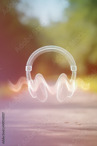 Stylized Headphones with Sound Waves over Abstract Background