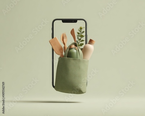 Sustainable Living Concept in Phone Mockup with Reusable Items