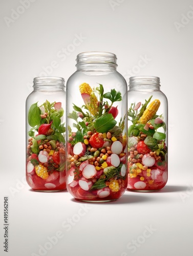 Three Glass Jars Filled with Fresh Summer Salad