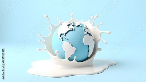 Abstract milk splash around a stylized earth globe on a light blue surface, representing world milk day and the nourishment it provides globally, milk day