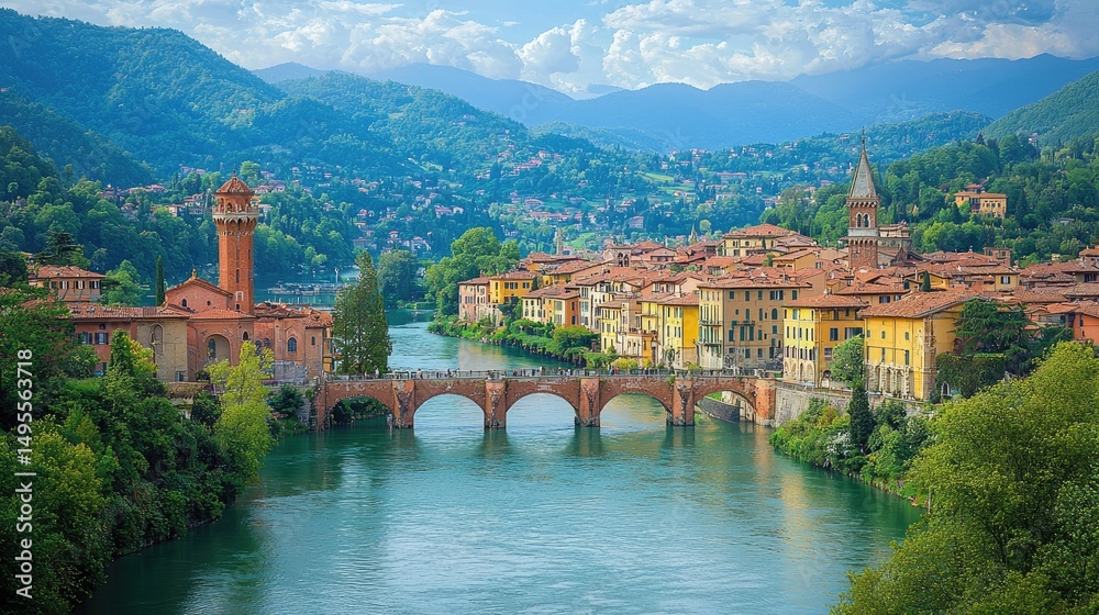 Obraz premium Panoramic view of a European riverside town nestled in mountains.
