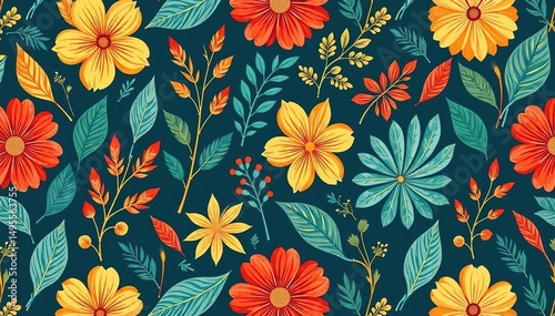 Nature inspired floral and leaf design repeating seamlessly , vintage, botanical, petal