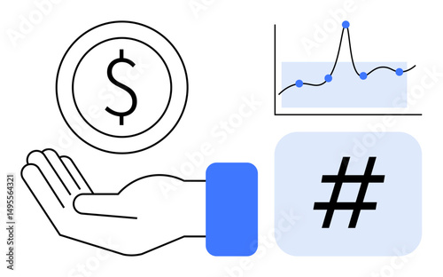 Hand with dollar sign, line chart showing data trends, and metadata tag symbol illustrating finance, analytics, social media. Ideal for business strategy, marketing, investment, technology data