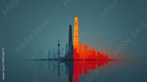 Vibrant Shanghai Skyline Reflection: Half Blue, Half Orange