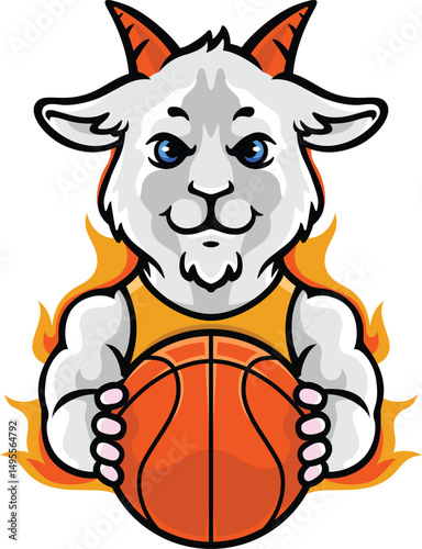 Young white goat mascot holding a basketball