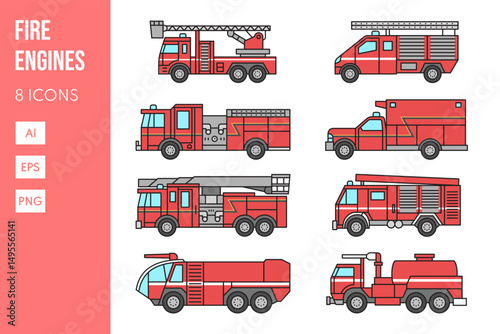 Fire engines Rescue equipment Specialized machines linear vector colored icon set isolated on white