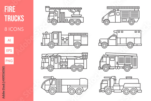 Fire engines Rescue equipment Specialized machines linear vector icon set isolated on white
