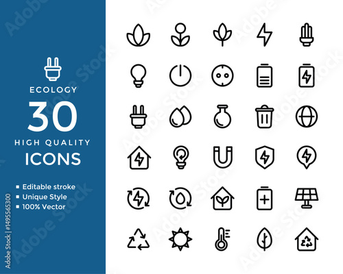 Ecology & Environment Care Icons – Nature Protection, Recycling & Sustainability (Vector Outline)