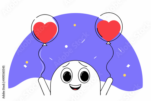 Cartoon cute red heart character holding a red balloon, ideal for Valentine's Day graphics and romantic-themed designs