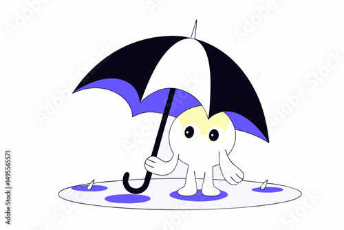 Cartoon yellow octopus character holding an umbrella in the rain, ideal for children's illustrations and weather-themed content